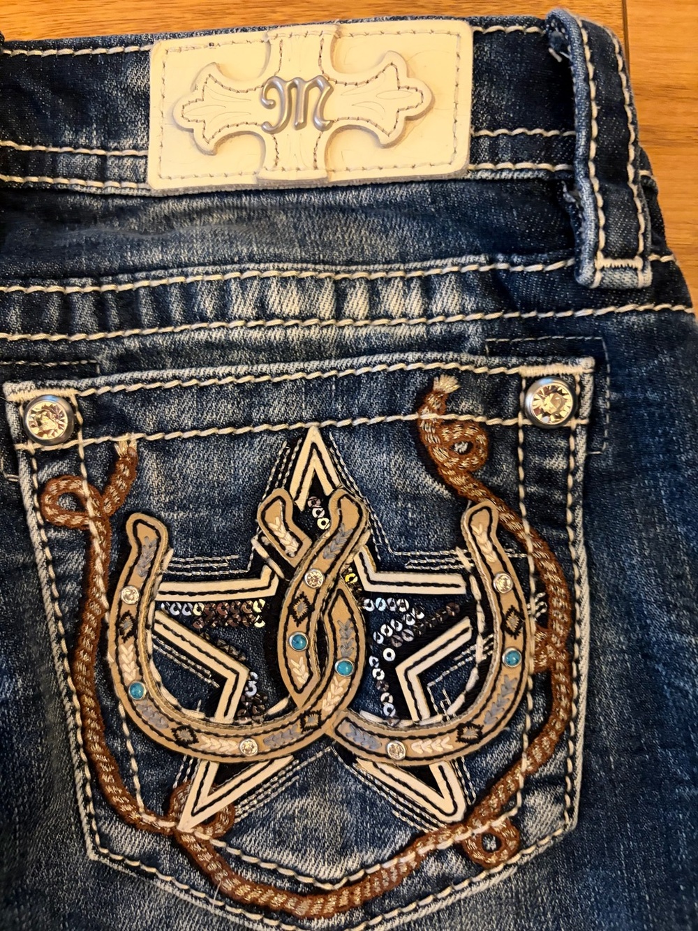 Miss Me Low Rise Bootcut Embellished Horseshoe & Star Pocket Jeans
